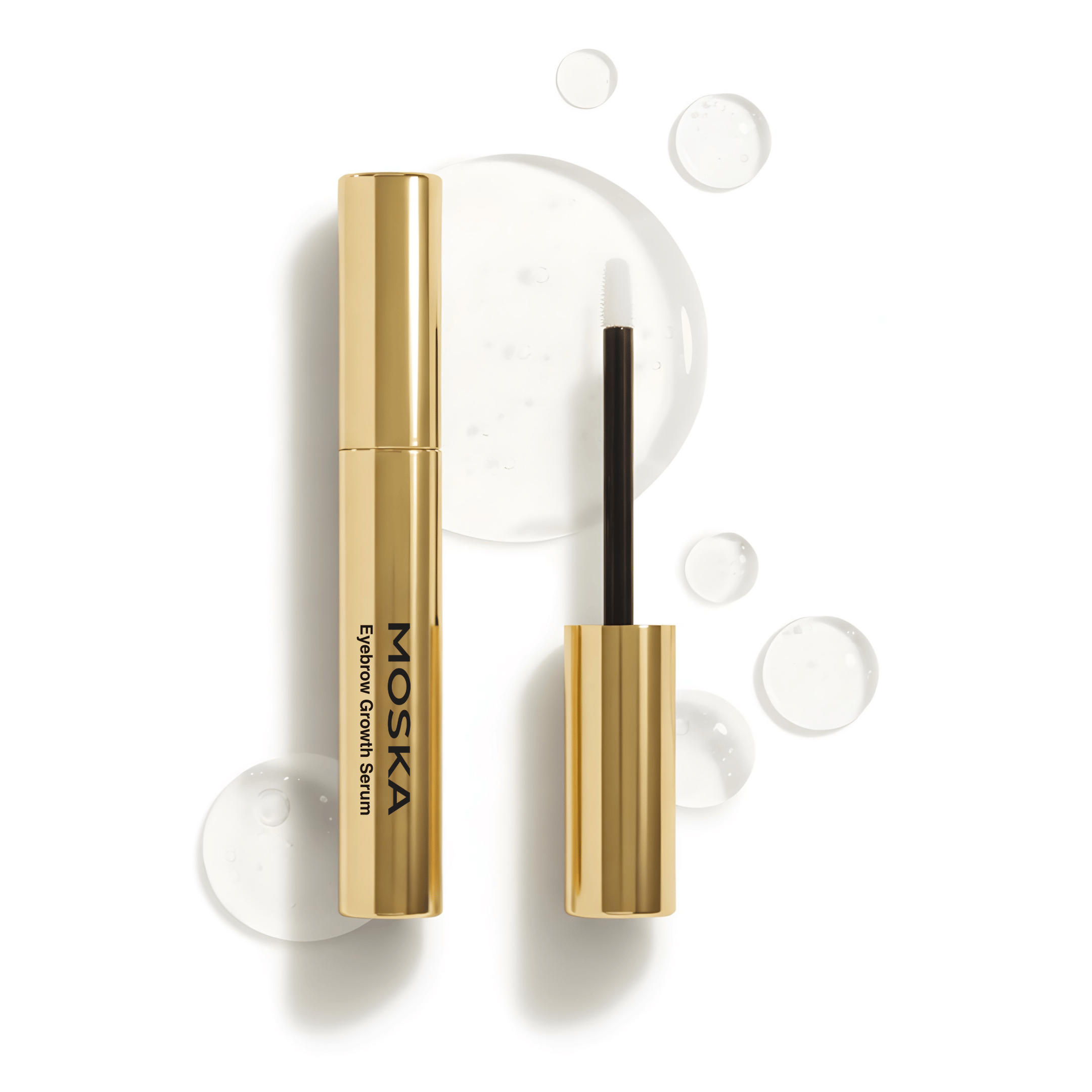 Moska eyebrow growth serum with gold packaging on a white background