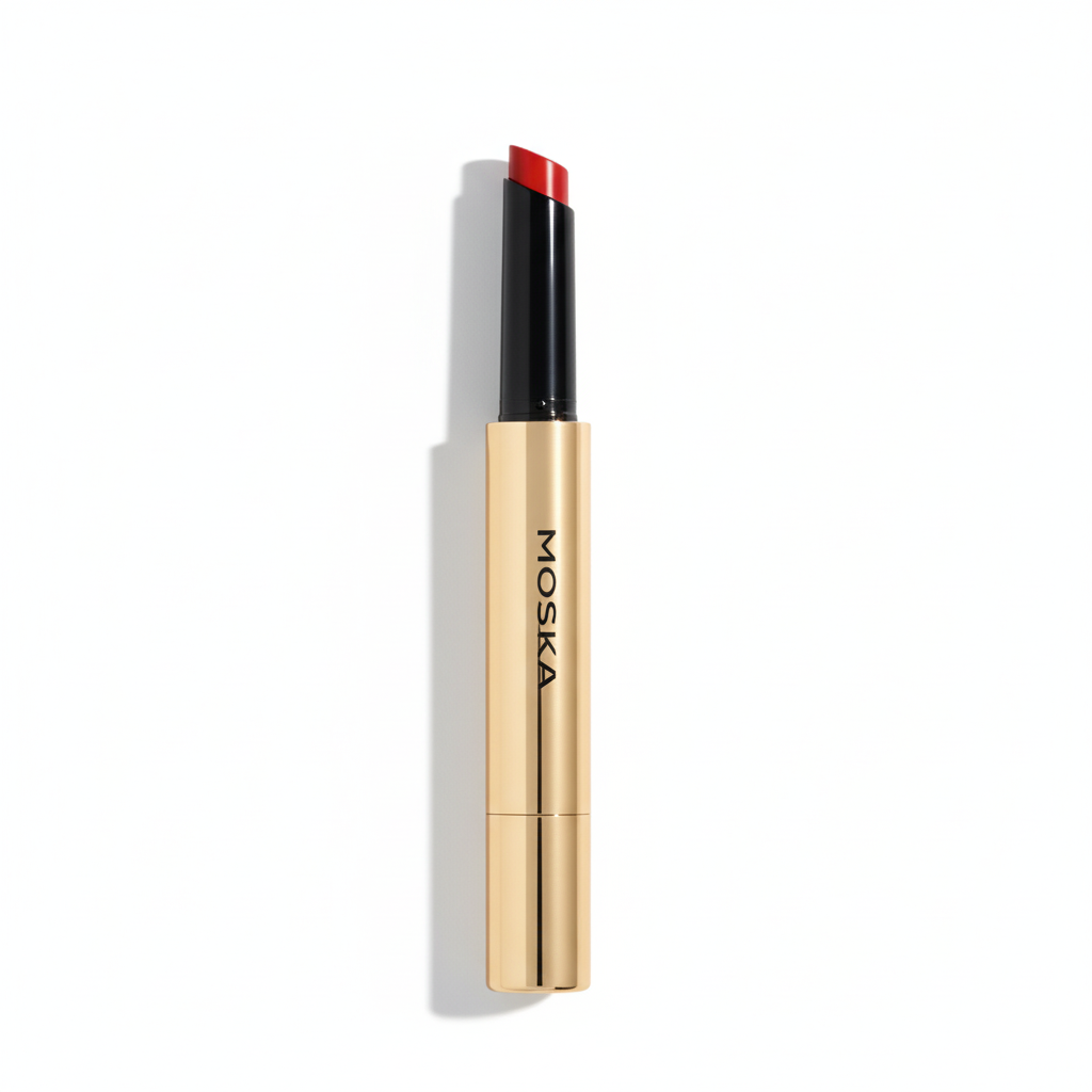 Moska lipstick with gold casing and red cap on a white background