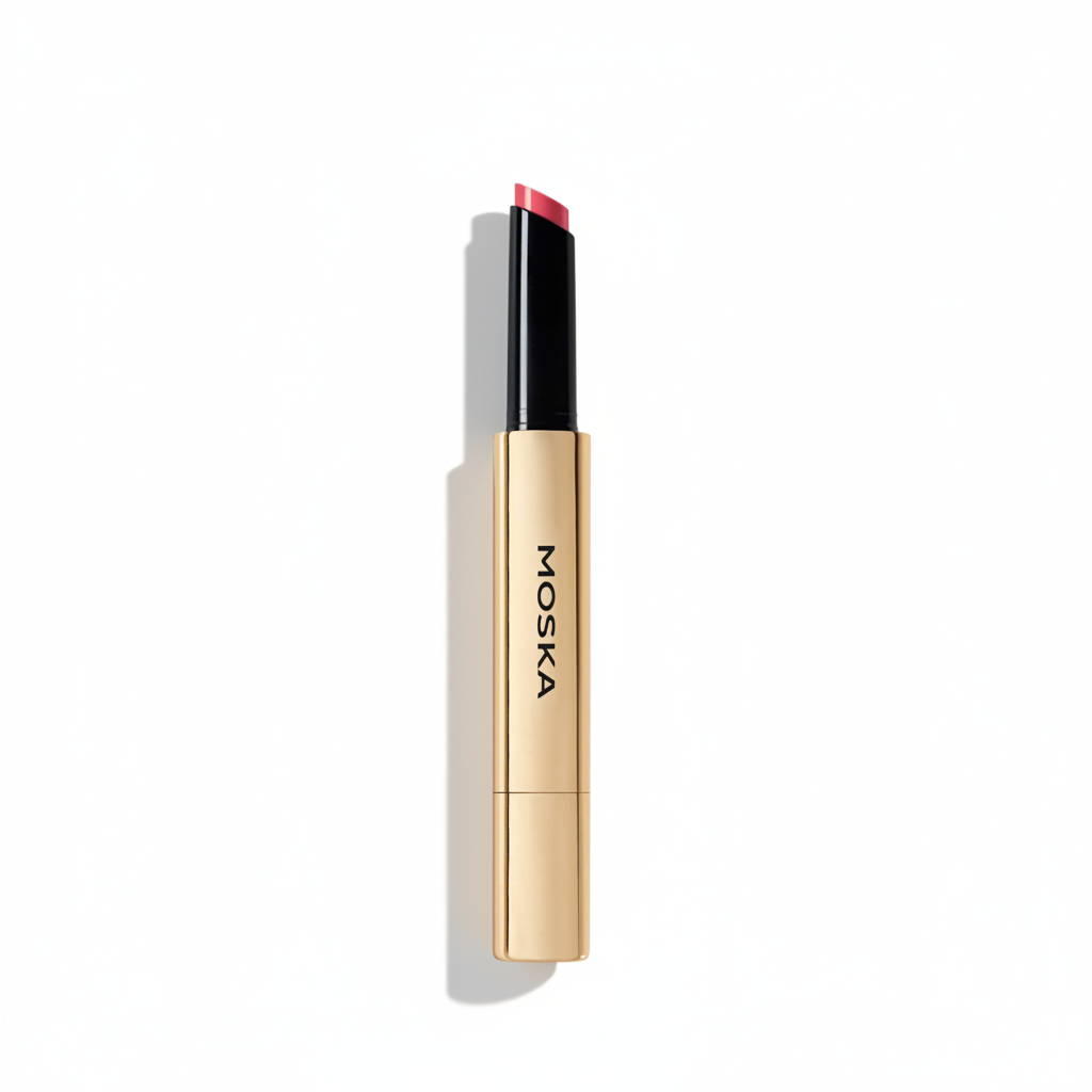 Moska lipstick with gold casing on a white background