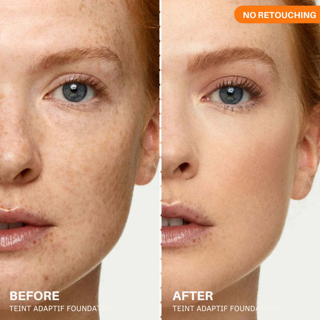 Before and after comparison of a woman's face with and without foundation application, labeled 'No Retouching'.