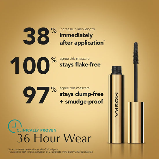 Moska mascara with product features on a gold background